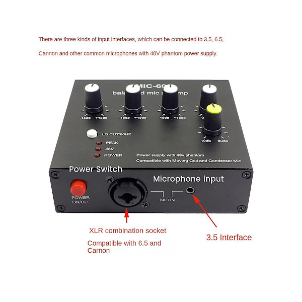 Tasapainotettu dynaaminen mikrofoni Kondensaattorimikrofonin vahvistin Musiikkiäänen vahvistin Mic-60 48v Ph:lla