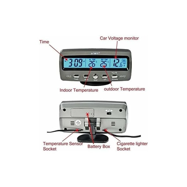 1. Spänningsdetektor Temperatur Bil Auto LCD Display Digital Display Termometer Larmkontroll Väckarklocka
