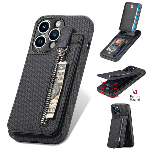 Læder Kortholder Magnetisk Wallet Telefon Cover iPhone 14 /14 Pro/14 Pro Max, iPhone 13 /13 Pro/13 Pro Max, iPhone, 12 /12 Pro/12Pro Max Sort