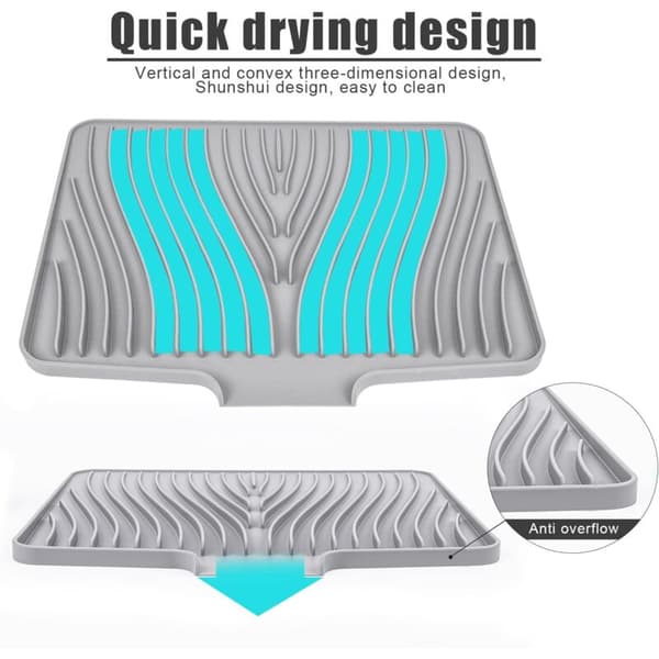 Silicone Dish Drying Mat, Silicone Dish Rack for Kitchen Counter, Heat Resistant Non-Slip Foldable Drainer Tray, 40 x 33 cm, Grey-FF-