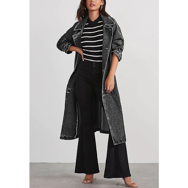 Naisten vintage-tyylinen pitkä farkkutakki, väljä malli, kaksirivinen denim-takki, vyöllinen trenssi, musta Black Medium