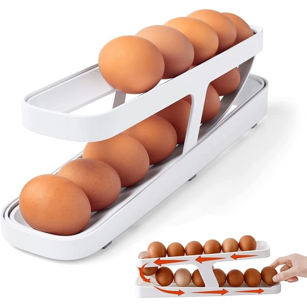 Äggställ for kjøleskap, automatisk oppbevaringsboks for rullande ägg, 2-vånings rullande äggdispenser, (vit)