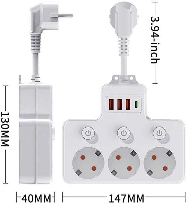 1 til 3 stikadapter strømskinne med USB TYPE C afbryder forlængerledning style 1