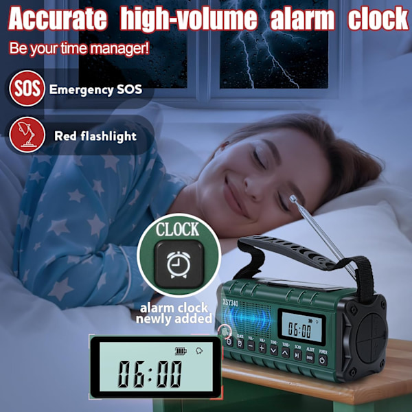 Nödradio, NOAA Vädervarning, Solhandvev AM/FM Radio för Överlevnad, 10000MAH Uppladdningsbart Batteridriven Radio, Klocka SOS Alarm & Ficklampa Green