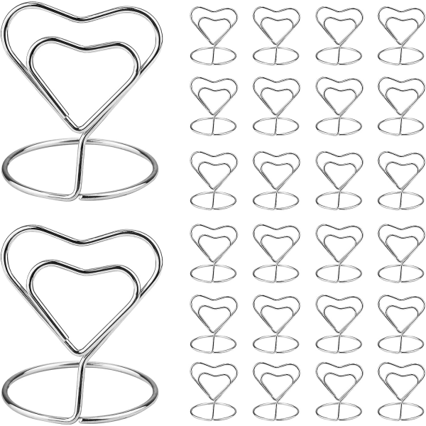 26 hjärtformad bordkorthållare - , bordsbildhållare för menymemohållare, bröllop, fest, födelsedag (sølv)
