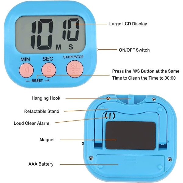 4 stk digital timer med magnet og stativ, for skole, kjøkken, sport, gym