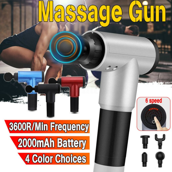 4 massagehuvuden elektrisk massagepistol massagepistol djup vävnadsmuskelmassage handhållen massager med 6 växlar 2100-3600 / min svart