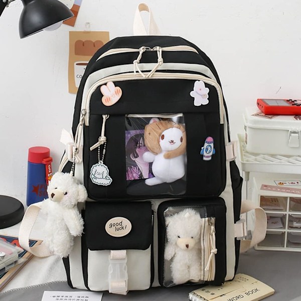 Canvas skoletaske kombisæt, Kawaii pige student skoletaske sort black