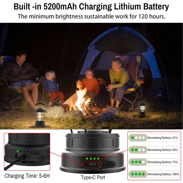 Uppladdningsbar campinglampa campinglykta med 5200mAh batteri