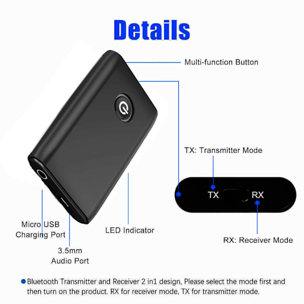 Bluetooth 5.0 sender/mottaker, 2-i-1 trådløs 3,5 mm lydadapter