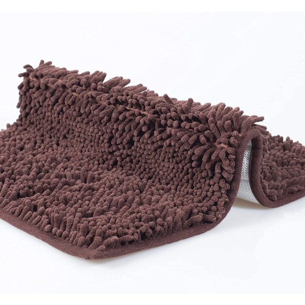 Chenille Microfiber Shaggy Bademåtte, blød og behagelig, supervandabsorberende, skridsikker, tyk til badeværelse (60x40 cm, brun)