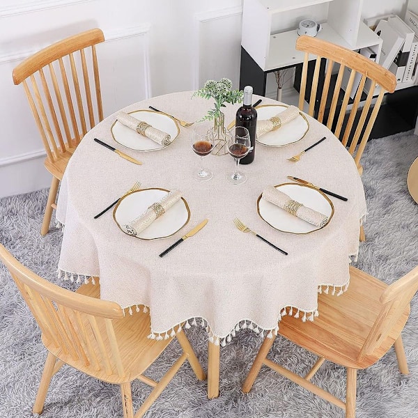 Beige rund duk 150 cm vaskbar lin bomull duk rynkefri KLB
