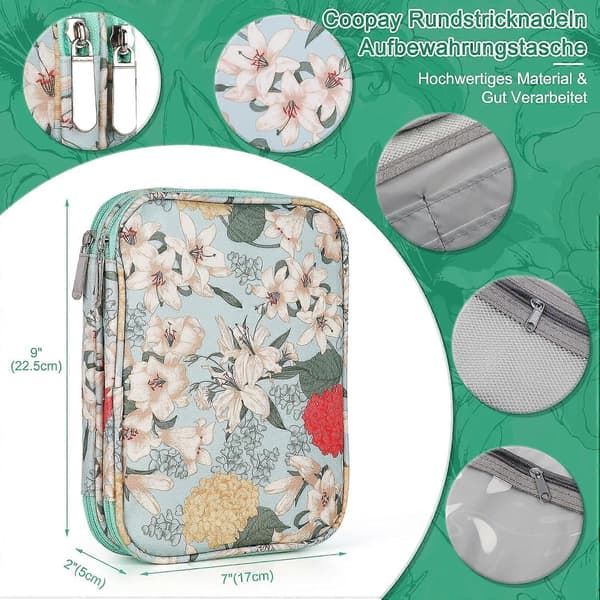 Rundpindsetui, hæklenåleholder, lynlåspose til kabel, runde dobbelte enkeltspidsede strikkepinde, hæklenåleetui