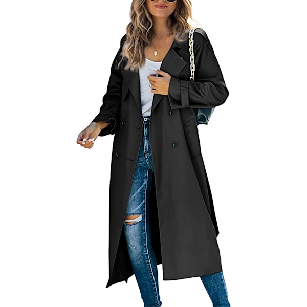 Dobbelknappet lang trenchcoat for kvinner, vindtett klassisk tynn overjakke SVART 2XL BLACK