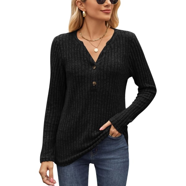 Langærmede trøjer til kvinder Casual sweater med V-hals Solid letvægts strik tunika til kvinder med knap(er)