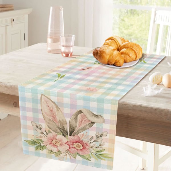 Glad påskehare bordløber, forårssæson linned påskedug med sødt mønster (flerfarve-kaninører, 33*183 cm)