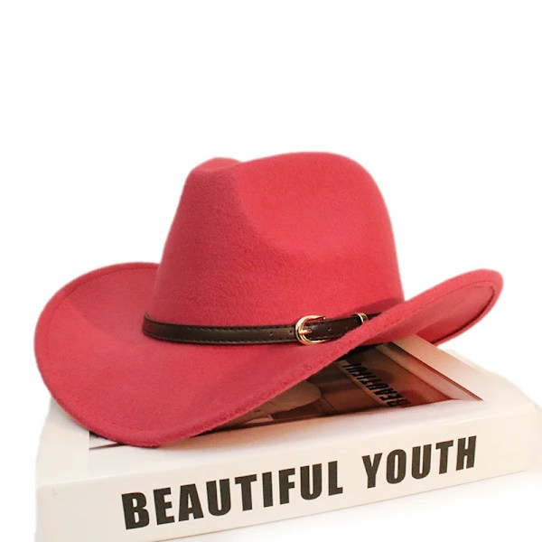 Retro kaffeläderband Foreldre barn Kvinner Menn Barn Barn Ull Bred brem Cowboy Western Hatt Cowgirl Cap 54 57 61cm Rose