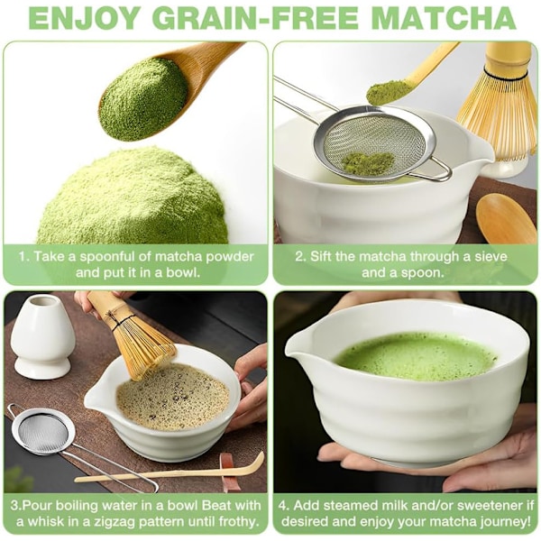 Keramiskt teset, inklusive matchaskål, matcha visphållare och matchavisp, 5-delars set vit-XF6- white