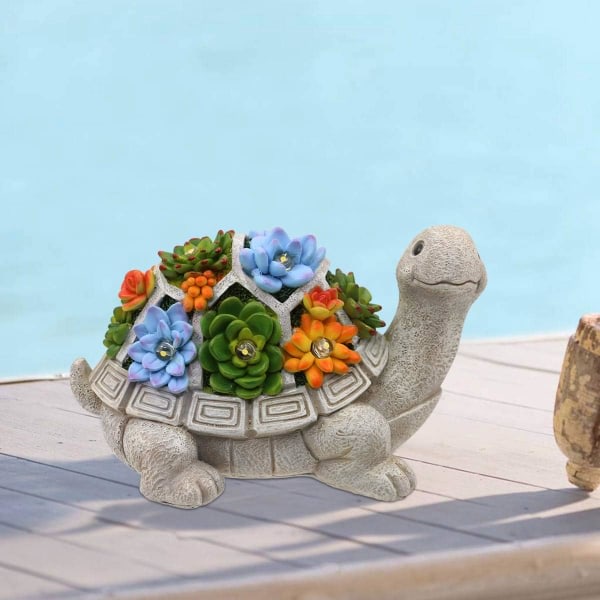 Sköldpaddsstaty Trädgårdsdekoration Utomhusdekoration, Trädgårdssköldpaddsstatydekoration med suckulenter och Solar LED-lamput utterplats, parveke