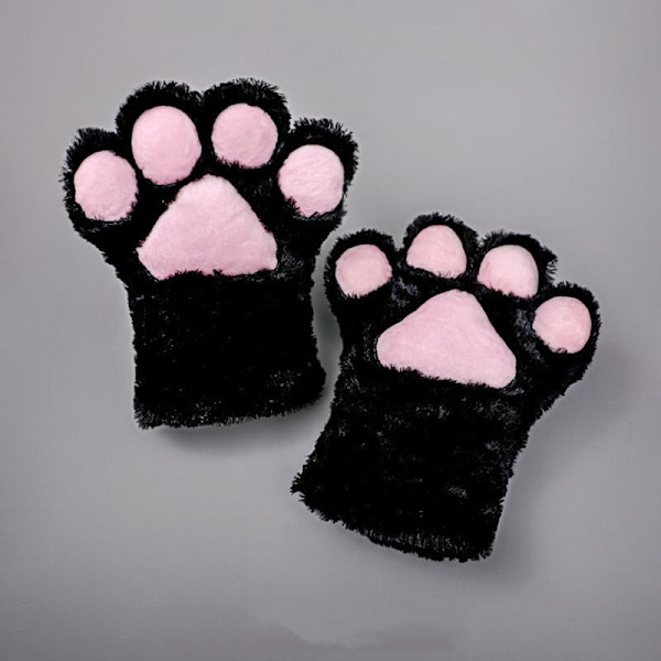 Faux Fur Cat Vantar Cosplay Animal Fluffy Cat Fursuit Paws Klor Handskar Kostymtillbehör för Vuxna (Svart)