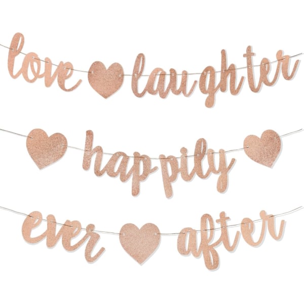 3-pakning Rose Gold Glitter Love Smile and Happiness Banderoller - Bröllopsduschdekor