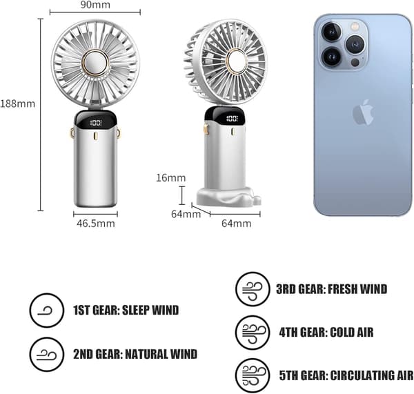 Jsdoin Handhållen Fläkt - USB Laddningsbar, 5 Hastigheter, Vikbar, LED-Display white