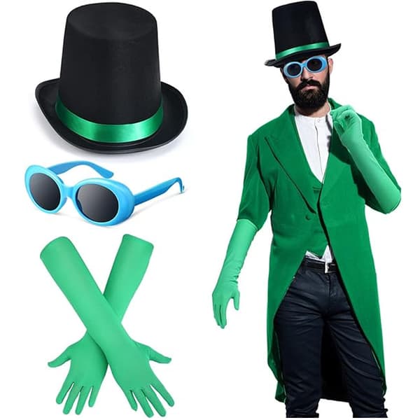 Halloween-kostym: grön hög hatt, blå solglasögon, randig handknuten slips, gröna handskar. 5-piece set
