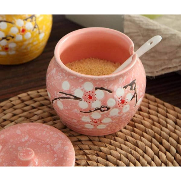 Japansk blomsterformet sukkerskål krydderkrukke saltbeholder med lokk skje