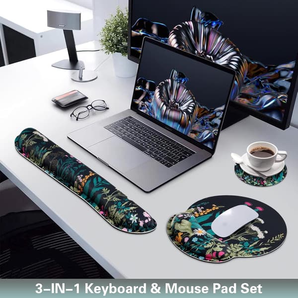 3-in-1 Ergonomic Mouse Pad with Wrist Rest, Non-Slip Gaming Surface & Keyboard Support, Flowers & Plants