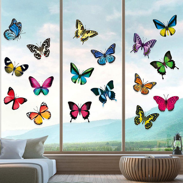 Store smukke farverige sommerfugle klæber sig til vinduesmærkater hjælper med at forhindre fugleklatter