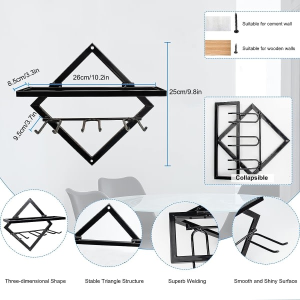 2st metall väggmonterad vinhållare Stemware glasställ med 3 stamglashållare för hemkök Bardekor (svart)