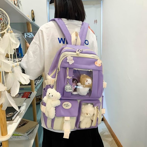 Canvas skoletaske combo sæt, Kawaii pige student skoletaske lilla purple