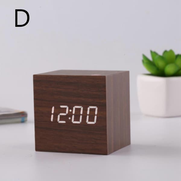 LED Digital Alarm Clock Wood Imitation Table Clock Night Light Thermometer Snooze Alarm Clock DE FP-FF- Brown