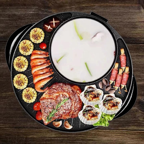 Elektrisk Grill och Hot Pot 2-i-1 Portabel Köksapparat Rund Multifunktionell Koreansk BBQ för Familj Inomhus Picknick Camping Utomhus 36cm