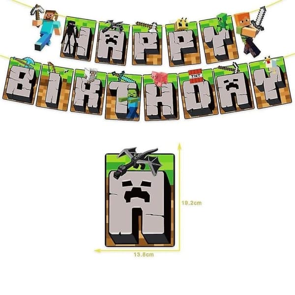 Minecraft-tema Gratulerer med dagen-sett Dekorasjonstilbehør Banner Pull Flag Cake Toppers Kit null none-FF-