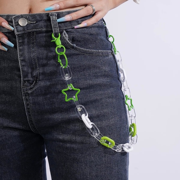 Söta färgglada gröna akrylbyxor Chain Jeans Link Chain Star Circle Ring Link Tasku Byxor Kedja Plånbok Kedjor Kroppssmycken för män och kvinnor