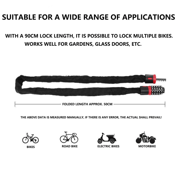 Cykelkedjelås，Motorcykelkombinationslås, 90 cm Heavy Duty Stöldskyddslås för cykel, motorcykel, cykel, dörr, grind, staket, skoter