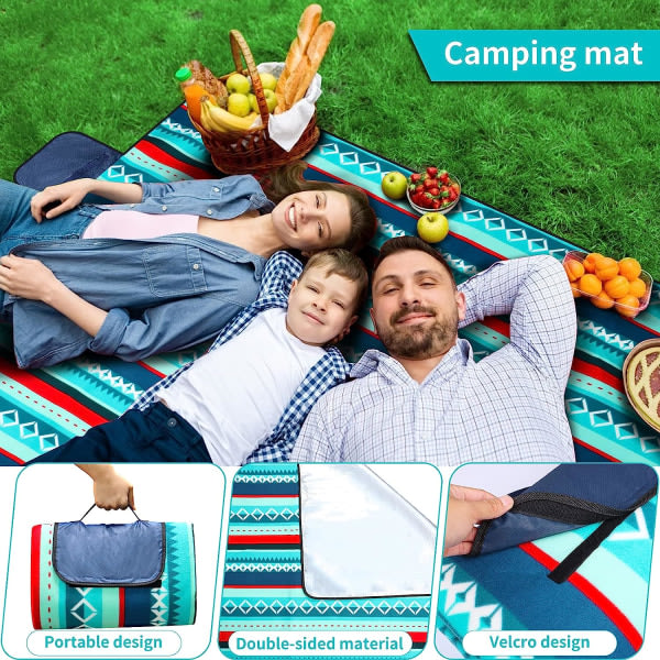 Vandtæt picnic tæppe 200 x 200 cm - Udendørs picnic tæppe - Isoleret fleece picnic måtte - Stort picnic tæppe med bærehåndtag