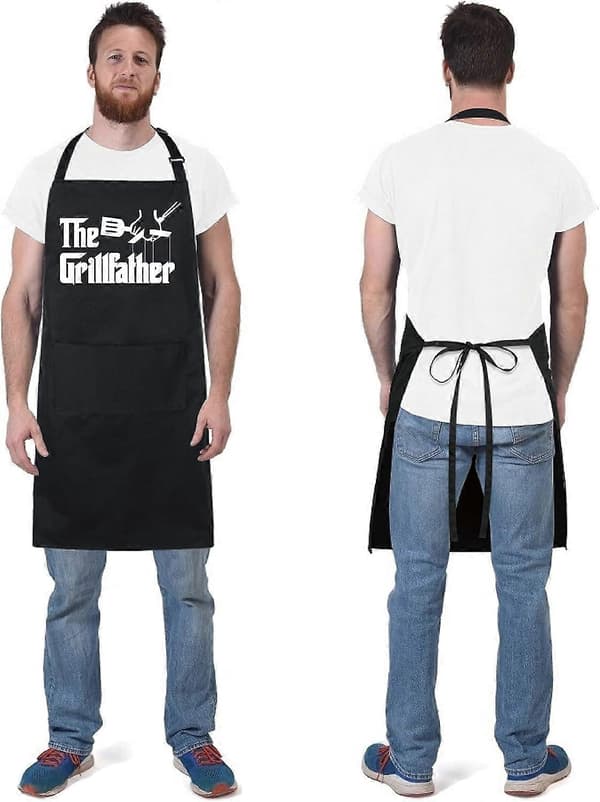 The Grillfather Rolig Forklæde med 2 Lommer til Mænd Kvinder BBQ Grilning Justerbar Bib Sorte Forklæder Gi-FF-
