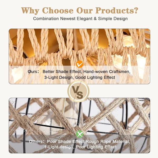 Rattan loftlampe, 3-lys Boho loftlampe, håndvævet bur-lampe, rustik rattan lysekrone (guld)