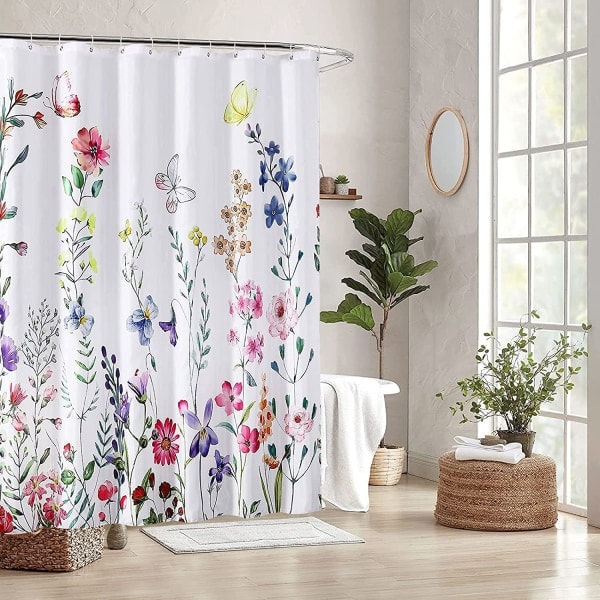 Duschdraperi med blommönster, vattentätt viktfåll 180x-FF-