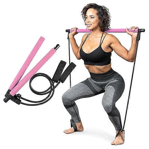 Pilates Bar Set Resistance Bands Adjustable Straps Workout Purple-FF- Pink