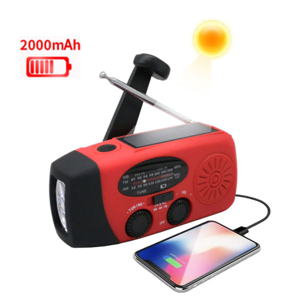 2000 mAh käsikammen radiovirtalähde aurinkokennoilla ja taskulampulla - punainen