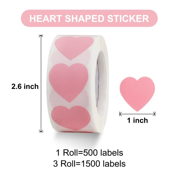 1500 Labels Pink Heart Stickers 1 inch Heart Coding Shape Paper