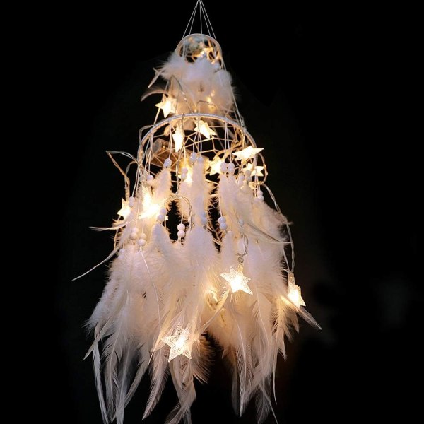 Double Circle White Feather Dream Catcher med mobil LED Fairy