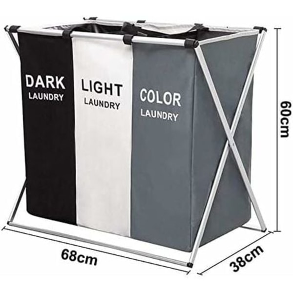 Sammenleggbar kleskurv Trippel kleskurv 3 avtakbare poser (155L) med stoffhåndtak for bad Hjemmevask 68x38x60cm (Grå Hvit Svart)-XF4-