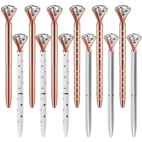 12 st diamantkristallpennor, metallkulspetspenna 0,5 mm svart