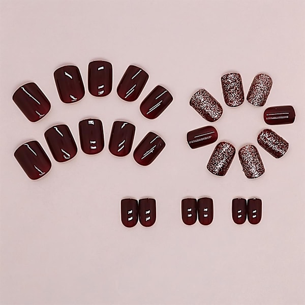 24 stk Fall Press On Nails Blanke Korte Firkant Falske Negler Røde Falske Negler Med Glitter Design Cover Burgundy Akryl Negler Lim På Negler