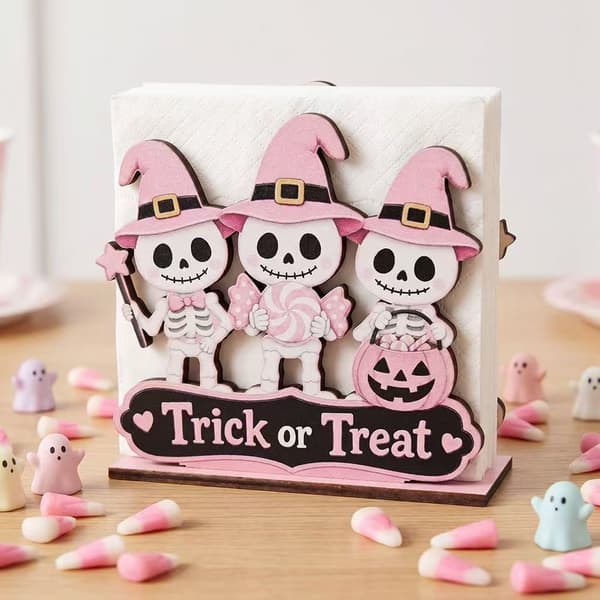 Pink spøgelse træservietholder til Halloween, sød skrivebordsdekoration YY03601