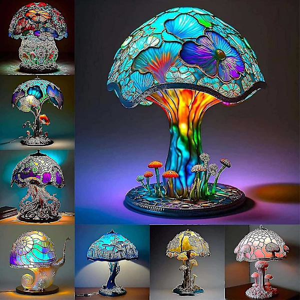 2023 Ny Bordlampe i Malet Glas i Vækstserien, Vintage Bordlampe, Farverig Svampe Lampe